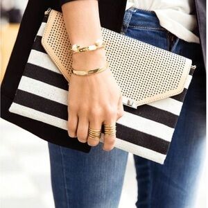 STELLA & DOT | Black/White |Striped |Tan Flap| City Slim Clutch|Crossbody Purse